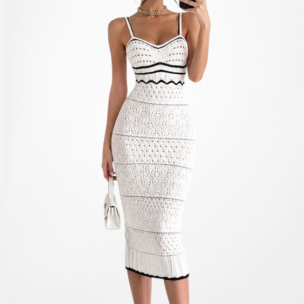 Black White Crochet Knit Bodycon Striped Midi Dress Size S